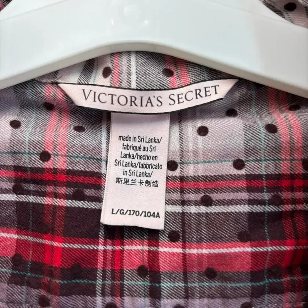 Victoria's Secret Women's Sleep Shirt L Red White Plaid Polka Dot Casual Cozy